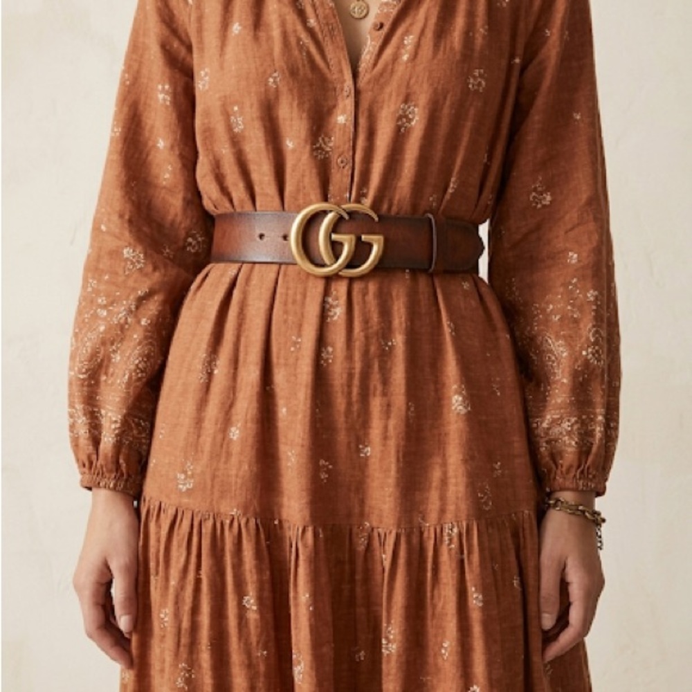 Gucci GG Marmont Brown Faded Leather Antique Brass Wide Belt, sz XS